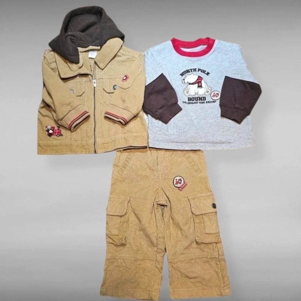 Vintage Y2K Carters Train Corduroy Pants Hooded Jacket Outfit Set Boys Tan 12M